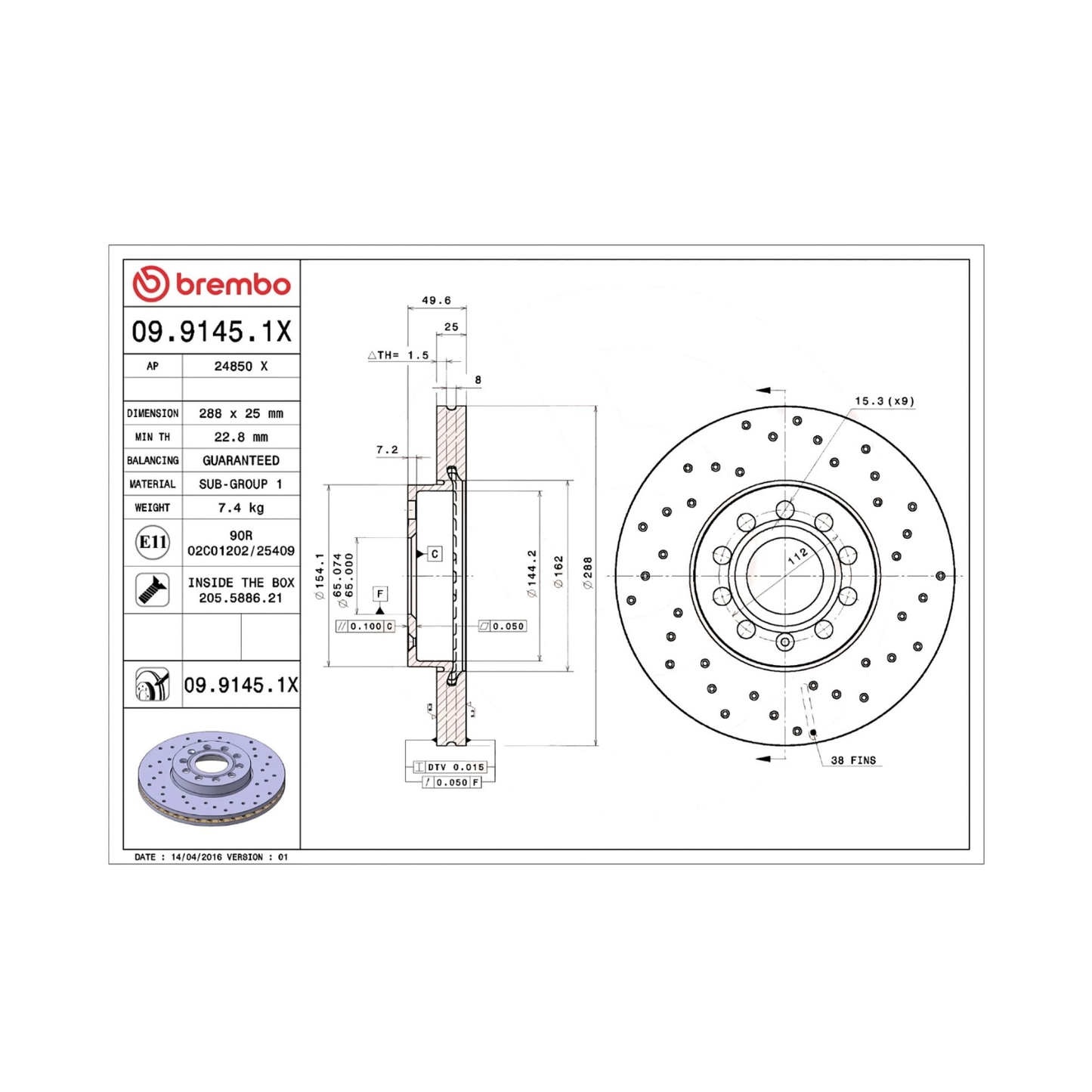 Kit Dischi Forati Freni Anteriori Brembo per Audi A3 (8P1) / Volkswagen Touran / Golf VIII / Golf VII / Golf VI / T-Roc A11