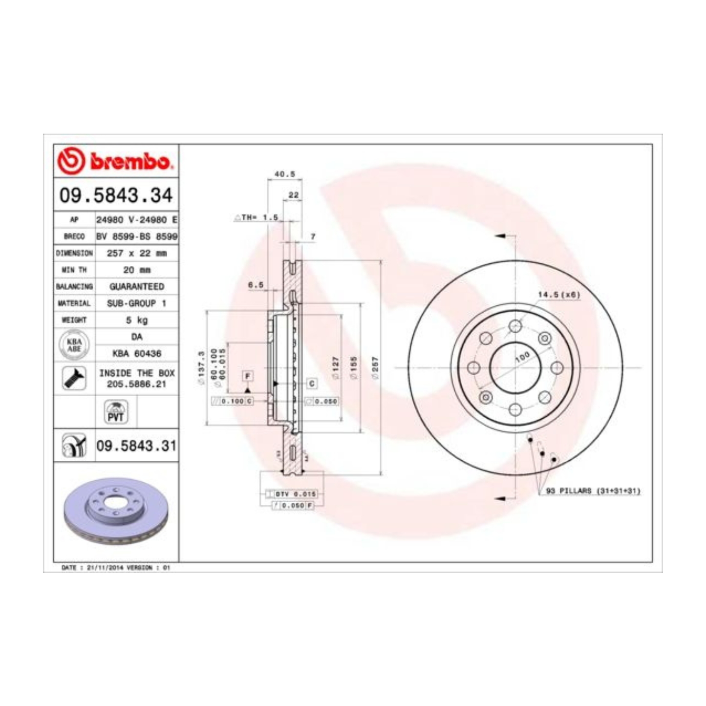 Dischi Freno Brembo Anteriori per Fiat Punto / Grande Punto / Punto Evo / Opel Corsa D 1.3 D