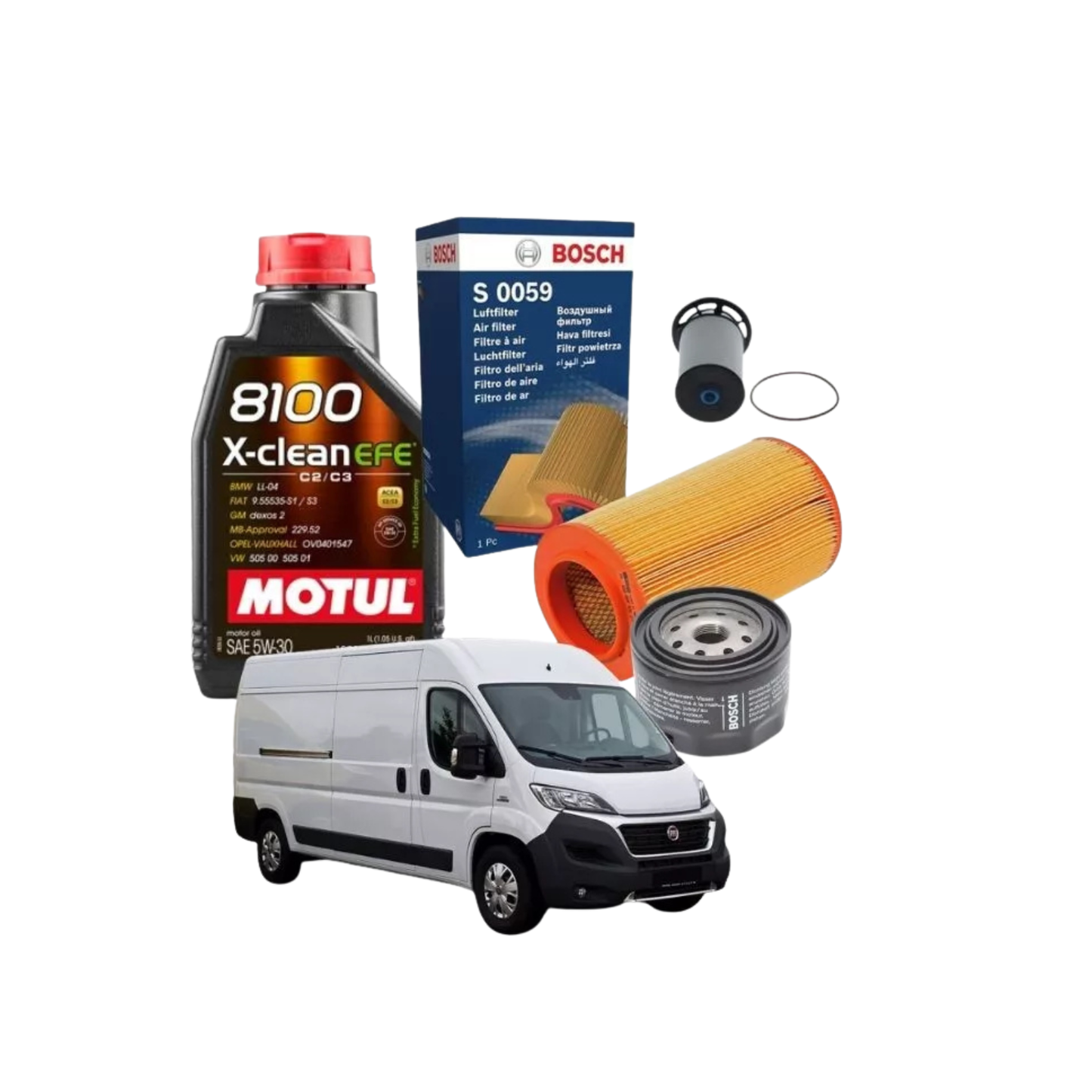 Kit Tagliando – Fiat Ducato / Citroen Jumper/ Peugeot Boxer – 8 Litri Olio Motul 8100 X-Clean EFE 5W30 + 3 Filtri Bosch