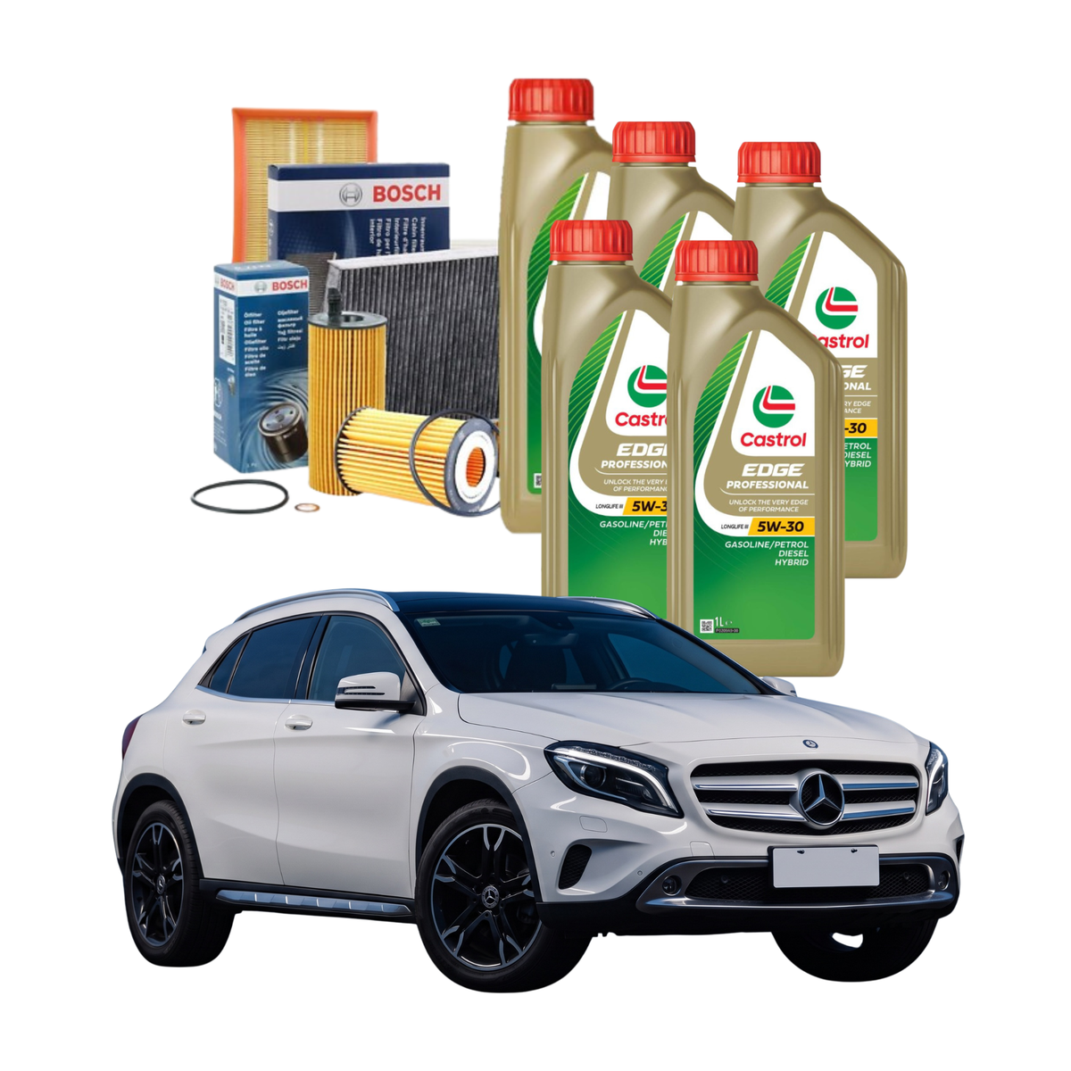 Kit Tagliando Completo Mercedes GLA (X156) 180D – 4 Filtri Bosch + 5L Castrol Edge 0W-30
