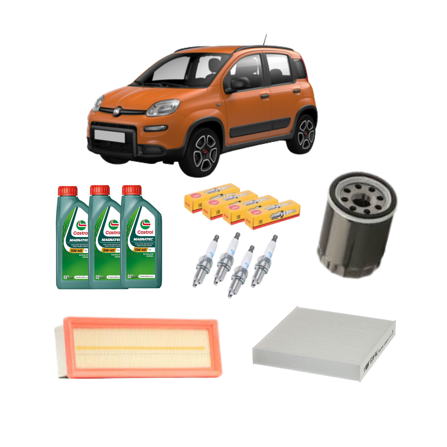 Kit Tagliando 4 Filtri + Olio Castrol Magnatec 5W-40 3L + 4 Candele Ngk  — Fiat Panda 312 / 500