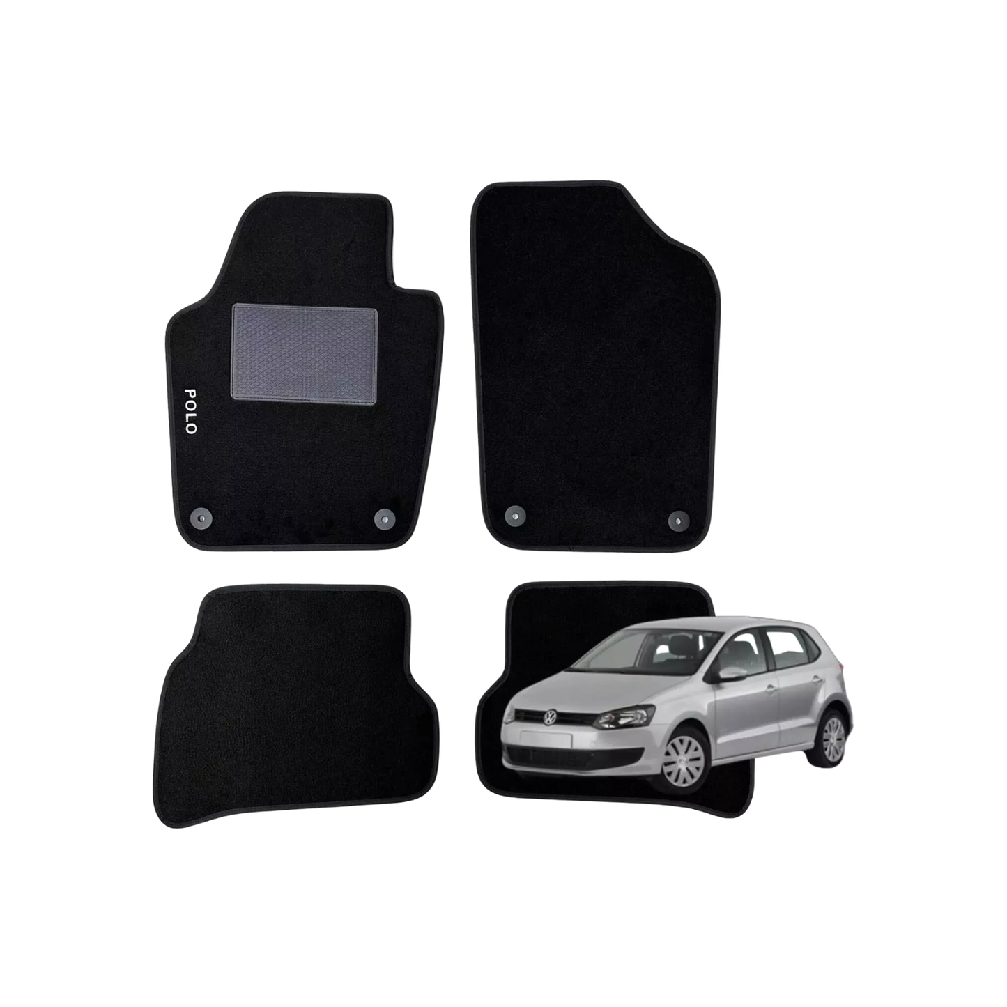 Set 4 Tappeti Auto in Tessuto Nero – Volkswagen Polo con Scritta “Polo” Ricamata