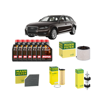Kit tagliando Audi A4 Allroad B8 8KH 2009–2017 | 4 filtri MANN-FILTER + 7 L Motul 5W-30 X-clean+