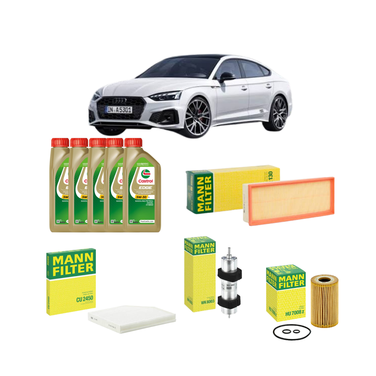 Kit Tagliando 4 Filtri Mann + 5L Olio Castrol 5W-30 LL Audi A5 2.0 TDI