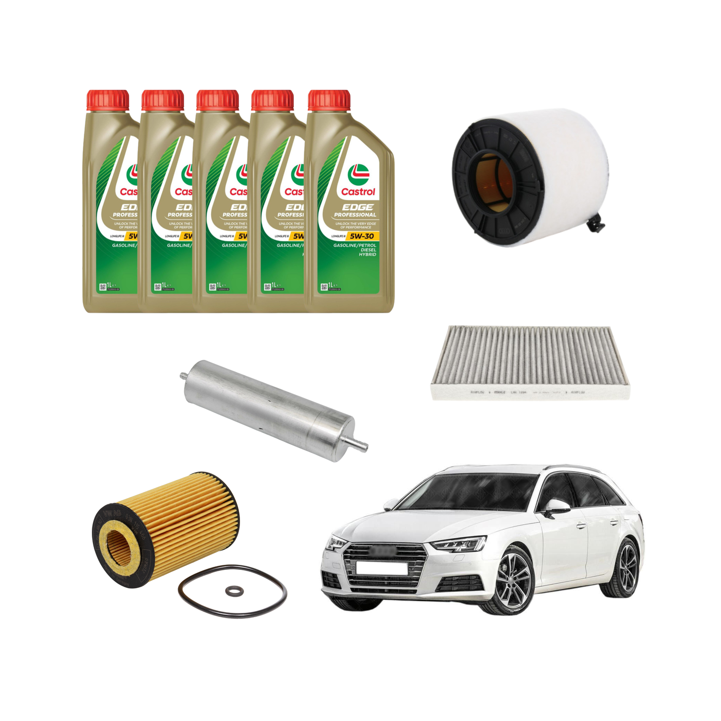 Kit Tagliando Audi A4 - 2.0 TDi 8W5 | 5 Litri Olio Castrol 5W 30 + 4 Filtri