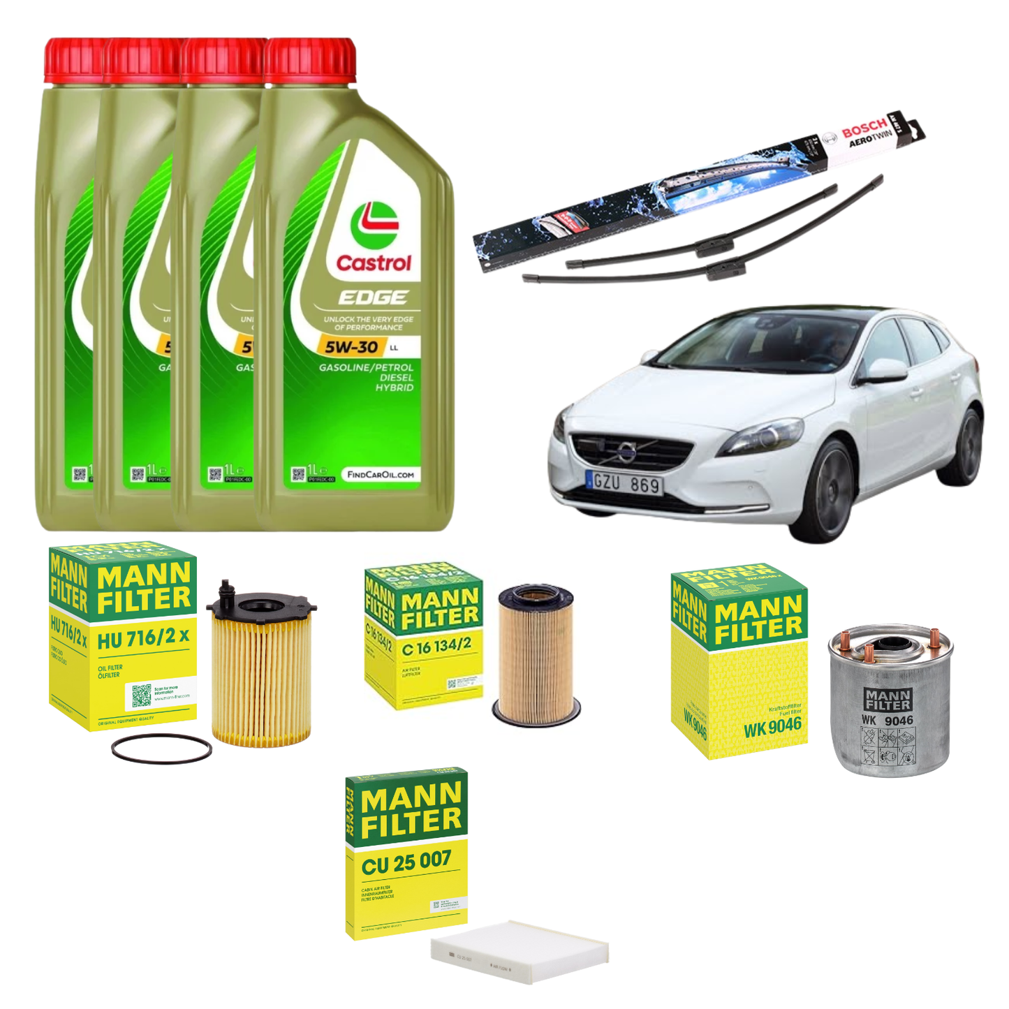 Kit Tagliando Castrol 5W-30 4L + Filtri Mann + Spazzole Bosch – Volvo V40 Hatchback D2 114cv Diesel