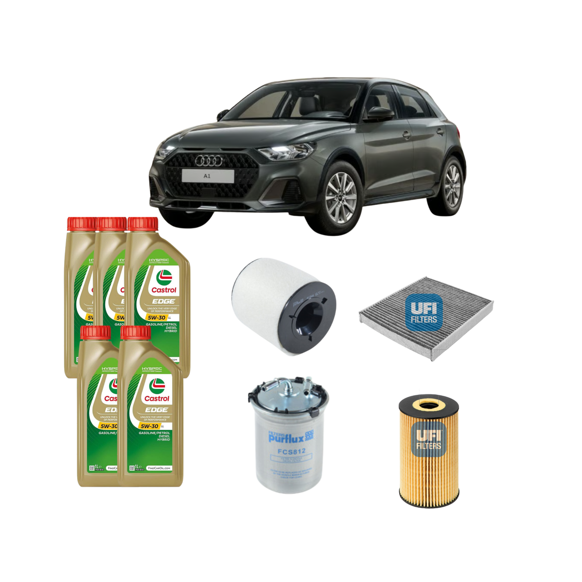 Kit tagliando Audi A1 con filtri UFI e Purflux e olio Castrol 5W-30 LL 5L
