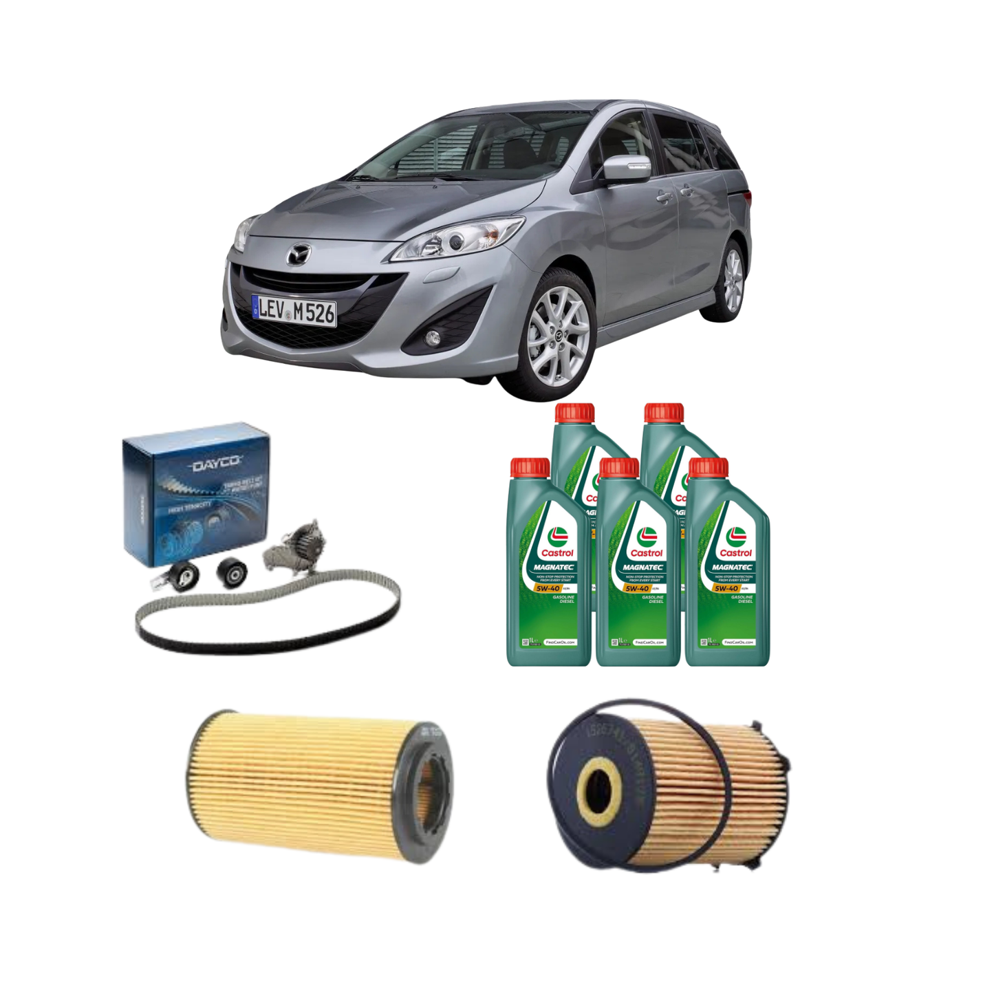 Kit Tagliando 2 Filtri + 5L Olio 5W-40 Castrol Magnatec + Kit Distribuzione Completo Dayco – Mazda V 1.6