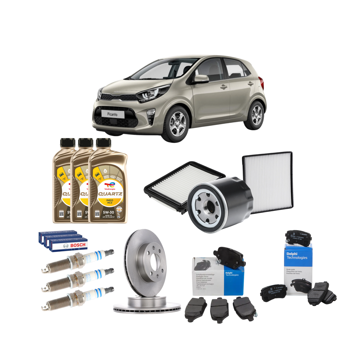 Kit Tagliando e Freni Kia Picanto II: 3 Filtri + 3 Candele Bosch + 3 L Total 5W-30 MC3 + Dischi Xenergy + Pastiglie Delphi