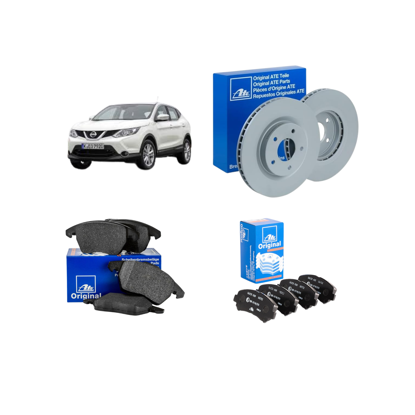 Kit Dischi Freni Anteriori + Pastiglie Anteriori + Pastiglie Freni Posteriori ATE Per Nissan Qashqai