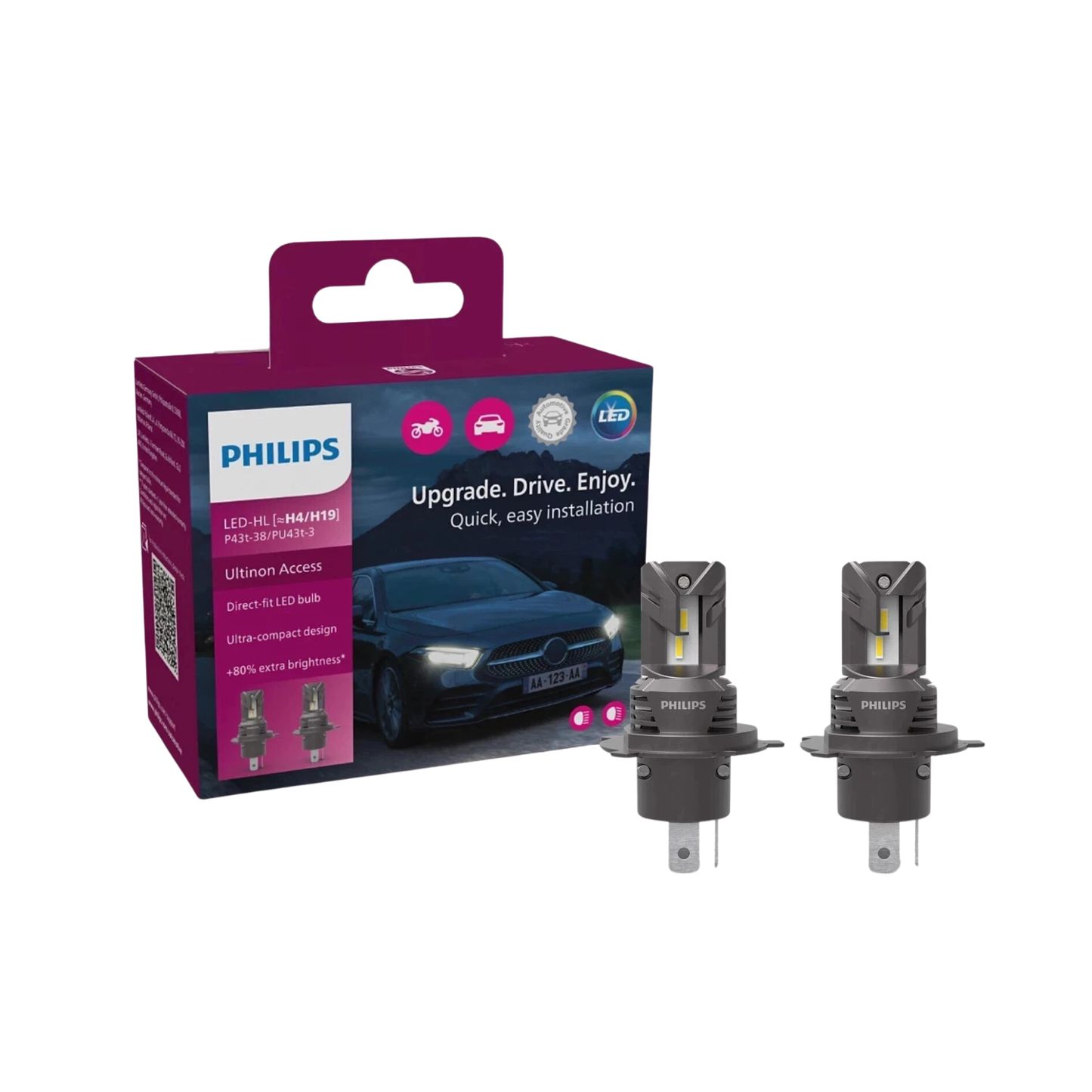 Kit Coppia Lampade H4 / H19 LED Philips 6000K – Luce Bianca Fredda Plug & Play