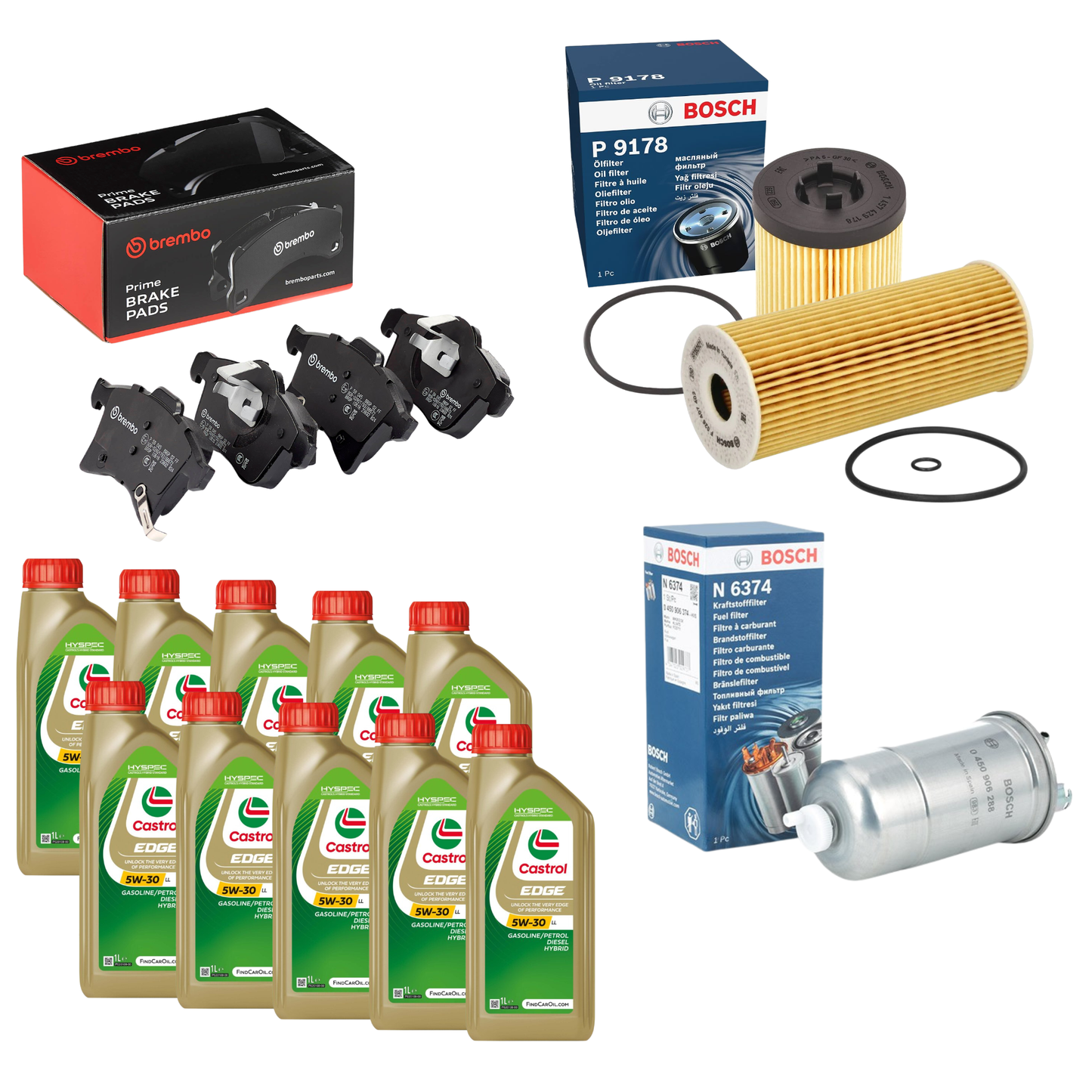 Kit Tagliando 10L Castrol 5W-30 LL + 2 Filtri Olio Bosch + Filtro Carburante Bosch + Pastiglie Anteriori Brembo