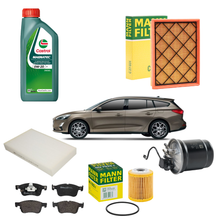 Kit tagliando Ford Focus IV 1.5 EcoBlue con olio Castrol Magnatec 0W-20 D, filtri Mann e pastiglie Bosch