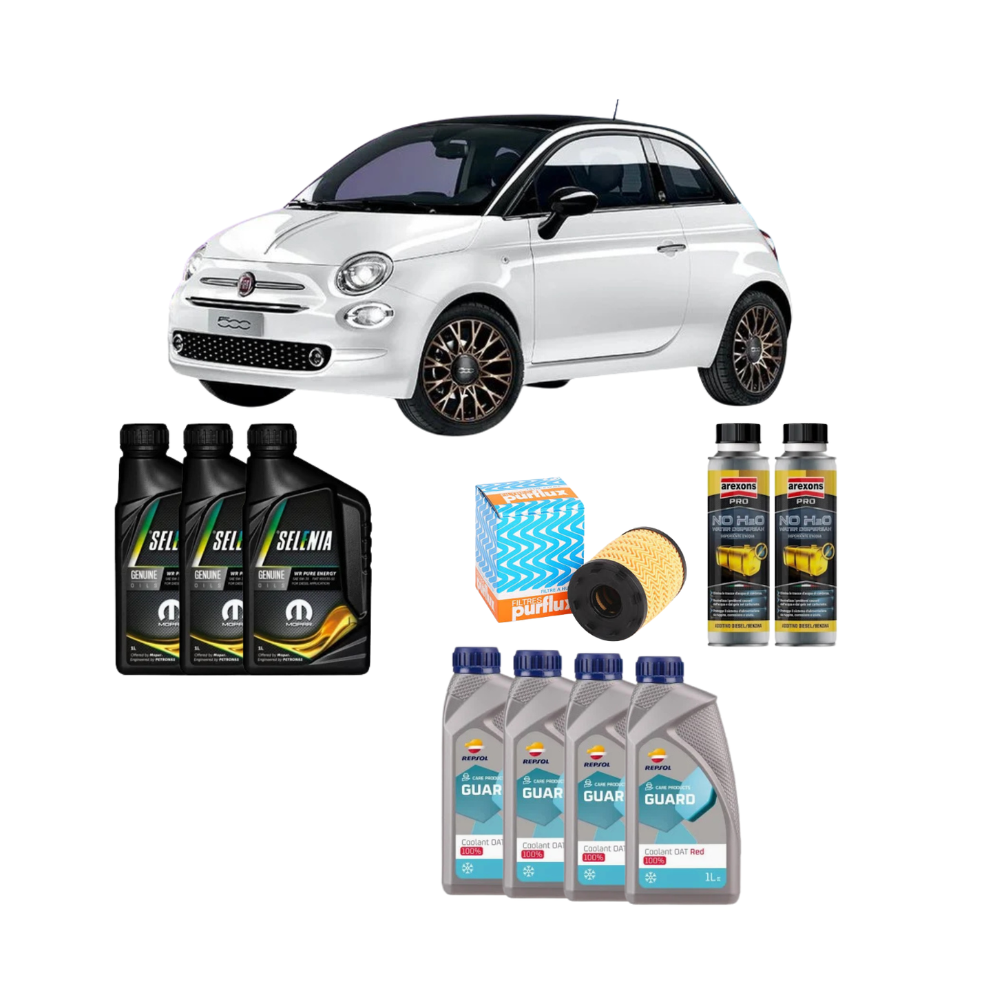 Kit Tagliando Motore – Selenia WR Pure Energy 5W-30 3L + Antigelo Rosso 4L + Filtro Olio Purflux + Additivo Pulizia Circuito Acqua (2 flaconi)