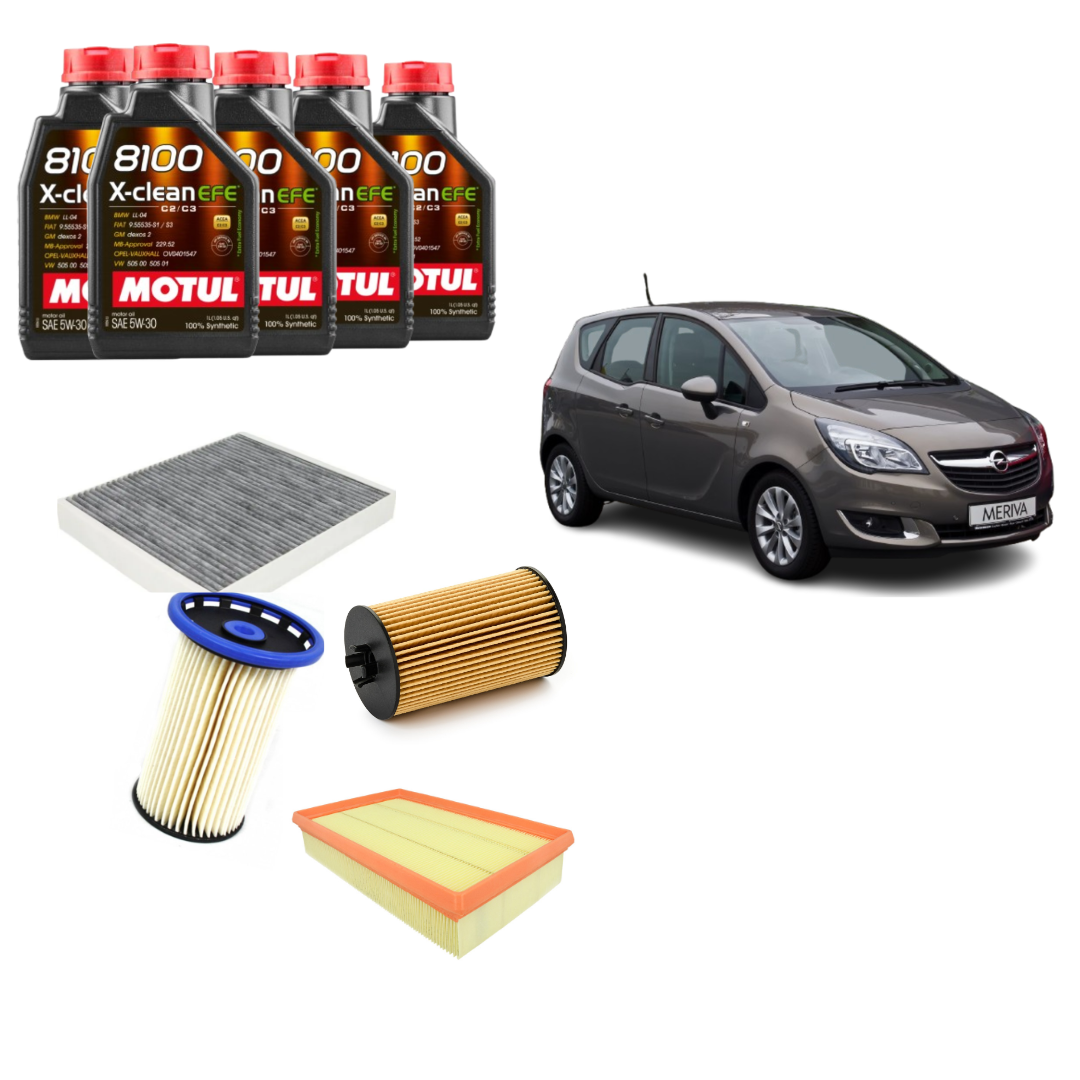 Kit Tagliando Completo Opel Meriva B 1.6 Benzina (2015) – Motul 8100 X-Clean EFE 5W-30 5L + 4 Filtri