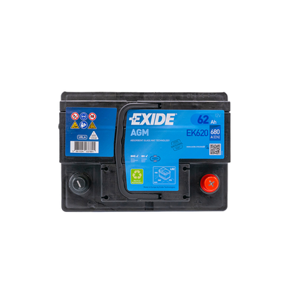 Batteria Auto AGM Start & Stop 62Ah – Polo Positivo DX 680A – Exide EK620 / EK600
