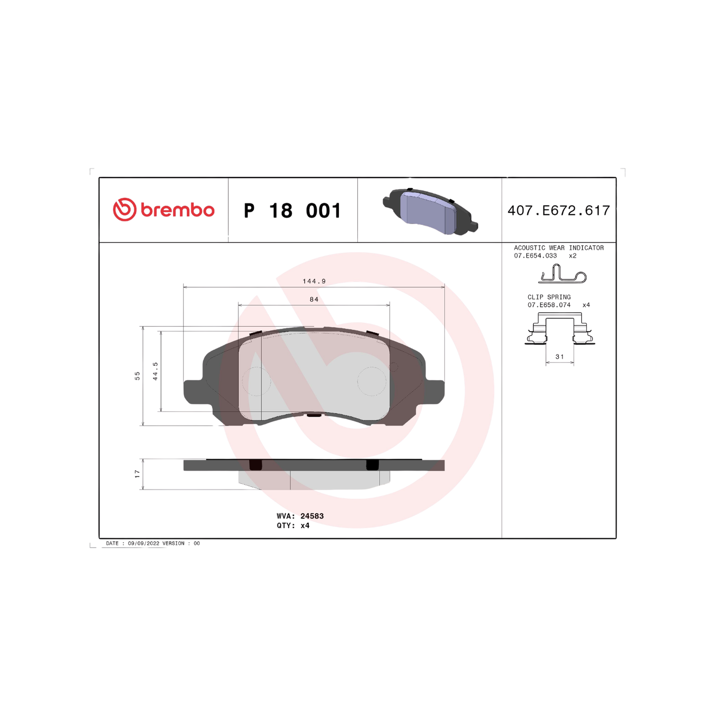 Kit 4 Pastiglie Freni Anteriori Brembo per Dodge Avenger / Jeep Compass (MK49) / Patriot (MK74)