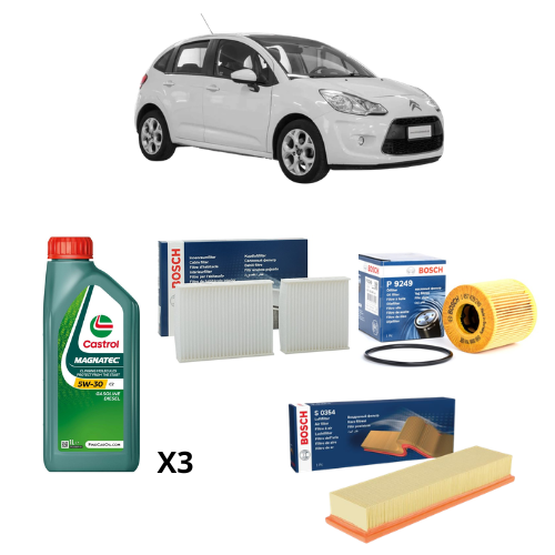 Kit Tagliando Citroën C3 1.1 Benzina 2011 – 3 Filtri Bosch + 3L Castrol Magnatec C2 5W-30