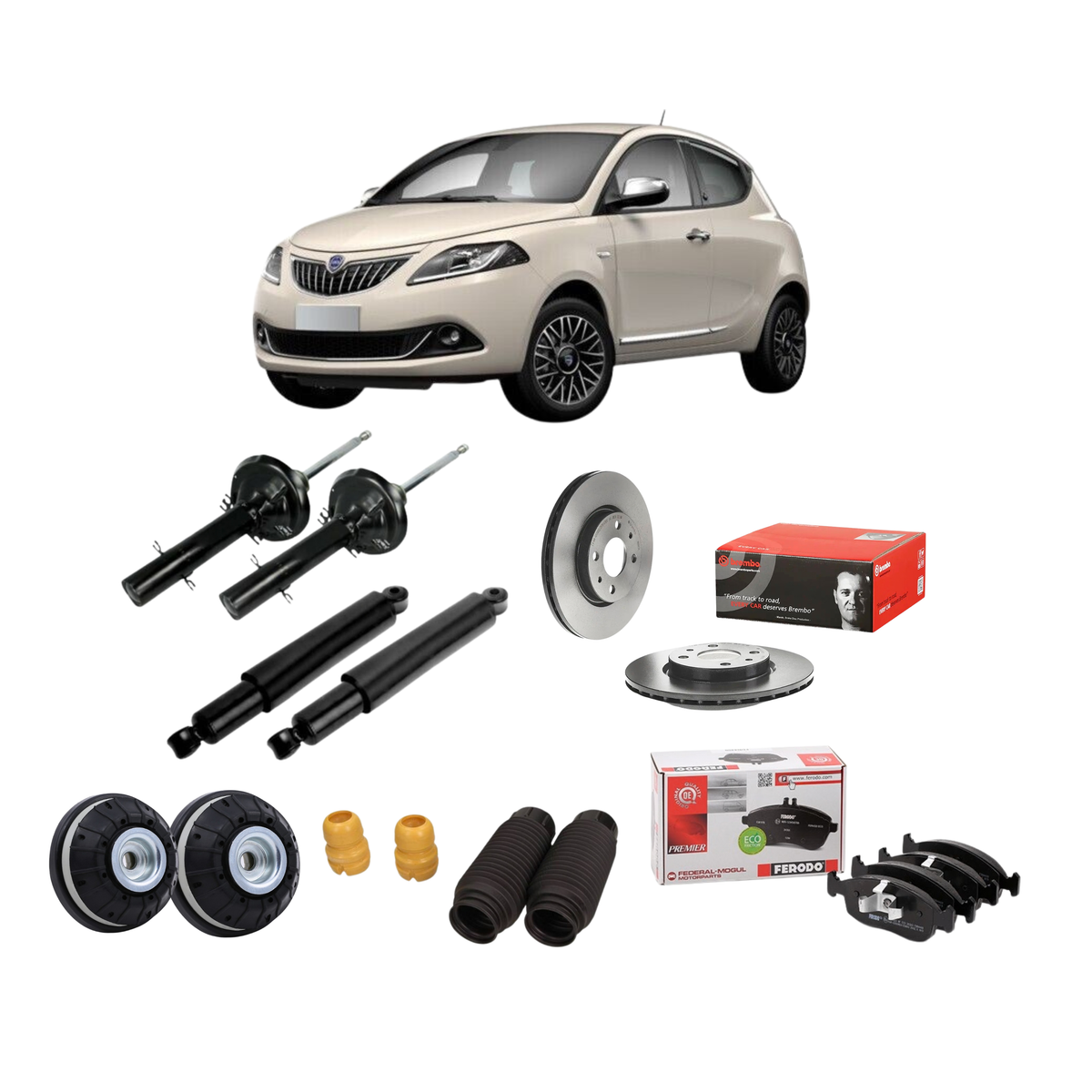 Kit Assetto Completo – Lancia Ypsilon (2011) – Ammortizzatori Japanparts + Supporti Febi + Dischi Brembo + Pastiglie Ferodo