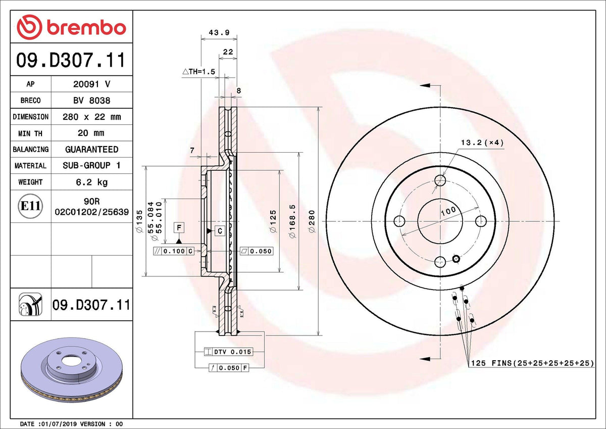 Coppia Dischi Freno Anteriori Brembo 09.D307.11 Ø 280 mm – Fiat