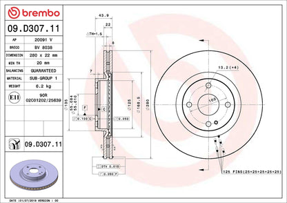 Coppia Dischi Freno Anteriori Brembo 09.D307.11 Ø 280 mm – Fiat